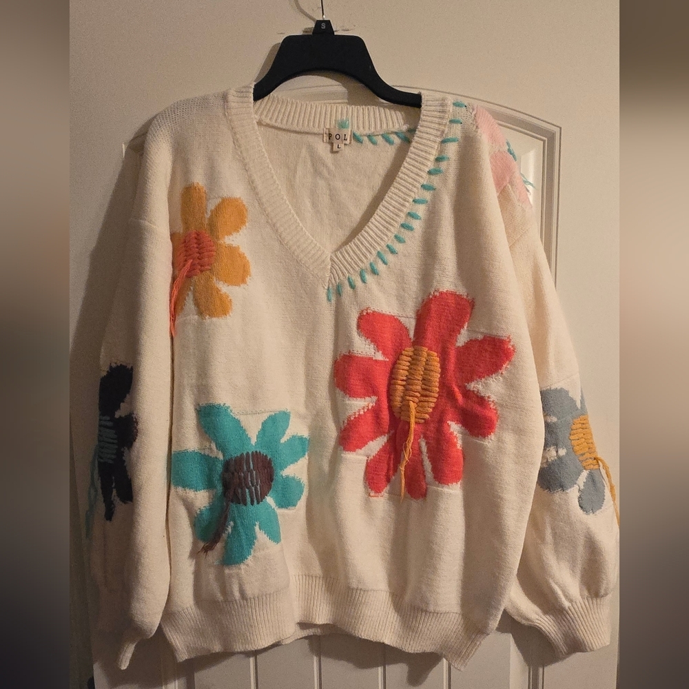 Floral Patterned V-Neck Sweater - Cream, Red, Blue